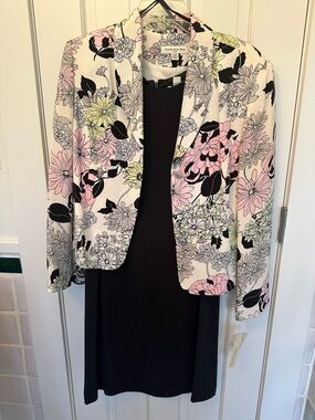 NWT Amanda Smith Petite 100% Silk Floral Blazer + Black Sheath Dress Set